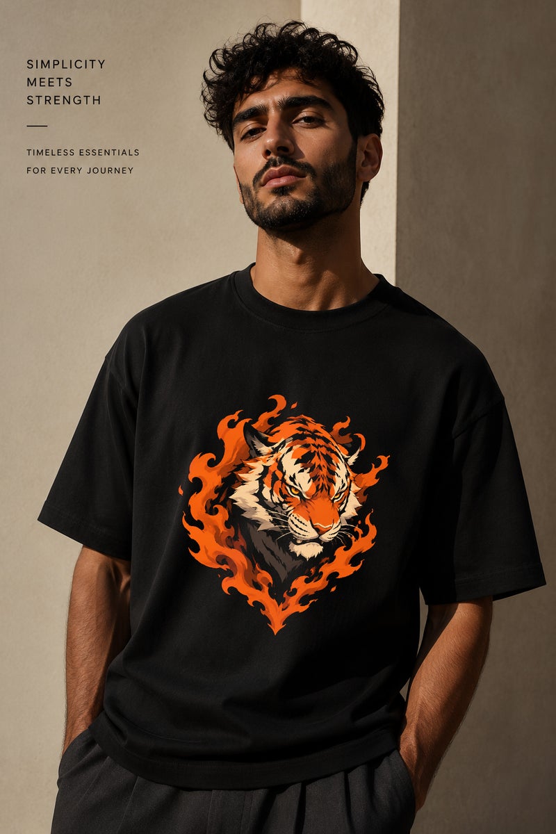 Men's Oversized Black T-Shirt with Fiery Tiger Graphic Casual Short Sleeve Crew Neck Streetwear Tee - Image 1