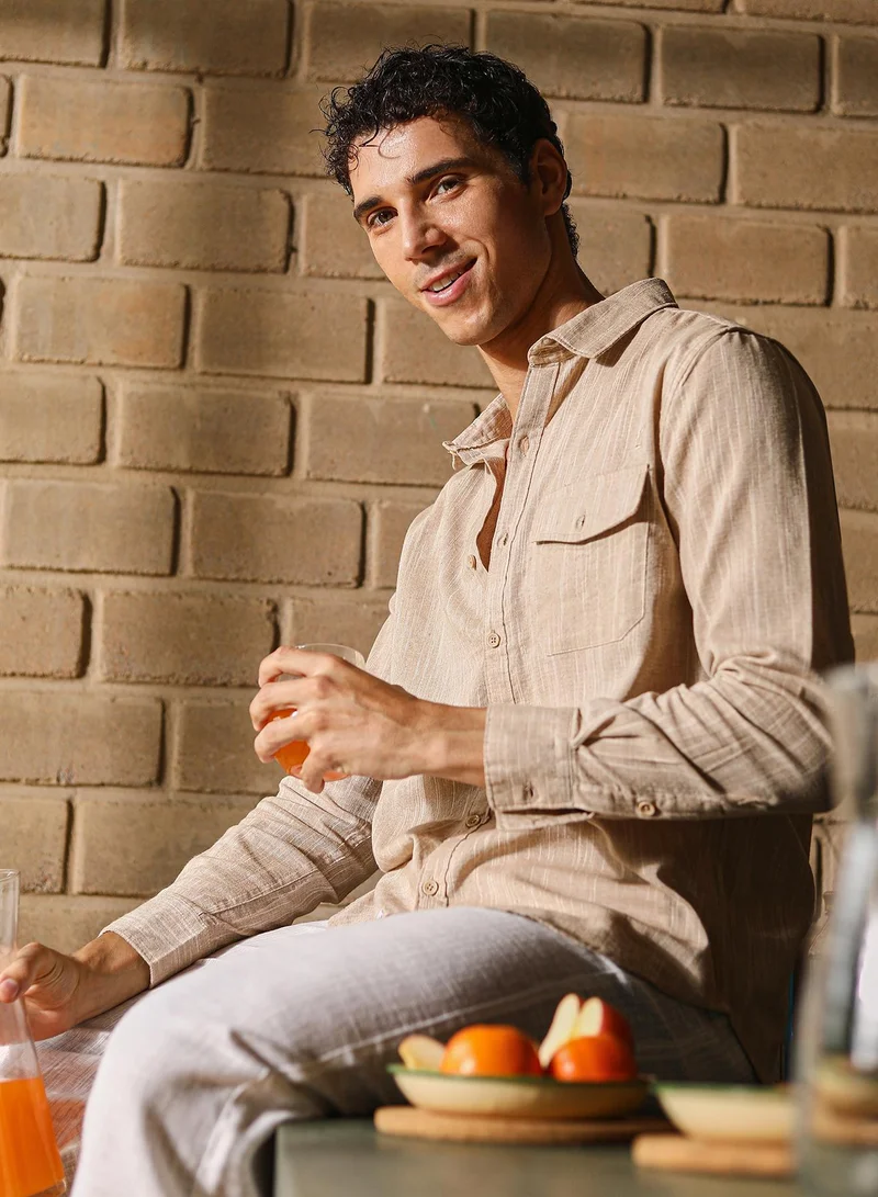 Campus Sutra Men Thread-Jacquard Shirt | Spread Collar, Long Button-Cuff Sleeves | Button , Curved Hem | Abstract Jacquard | Woven Fabric For Casual & Daily Wear | Sand Beige