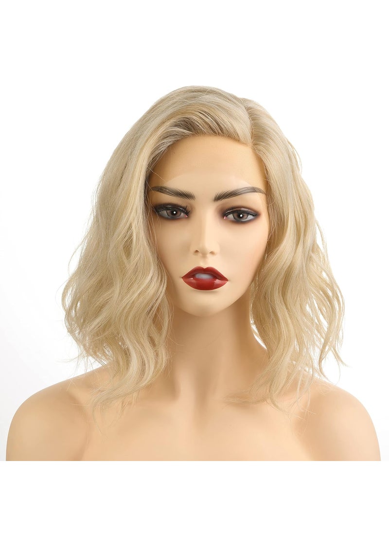 OneDor Onedor Shoulder Length Lace Front Short Wavy Hair Bob Wigs for Women (Blonde) 