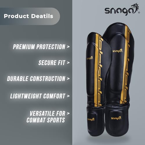 Snaga MMA Shin Guard, Leather Shin Guard Pads with High-Density Foam Padding for MMA, Karate, Taekwondo, Kick Boxing & Other Martial Arts (Black-Golden) - Image 5