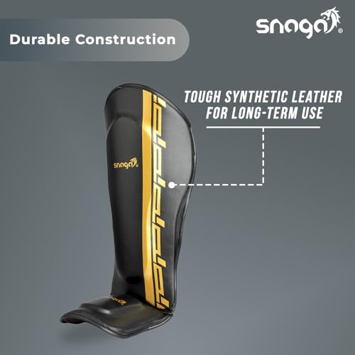 Snaga MMA Shin Guard, Leather Shin Guard Pads with High-Density Foam Padding for MMA, Karate, Taekwondo, Kick Boxing & Other Martial Arts (Black-Golden) - Image 3