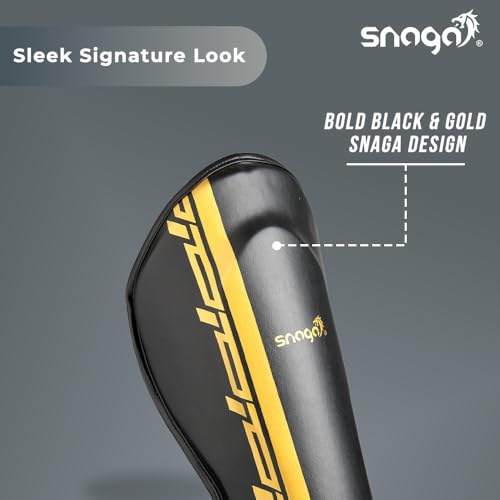 Snaga MMA Shin Guard, Leather Shin Guard Pads with High-Density Foam Padding for MMA, Karate, Taekwondo, Kick Boxing & Other Martial Arts (Black-Golden) - Image 2