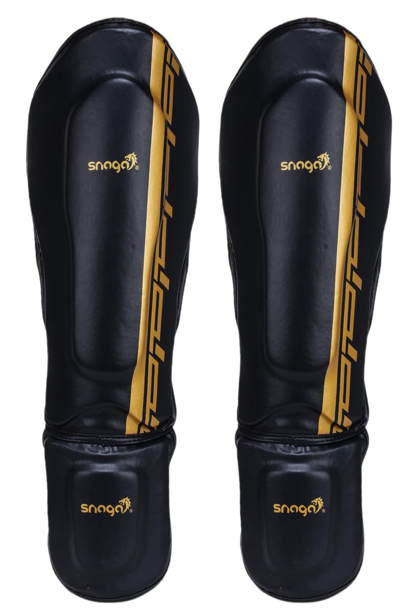 Snaga MMA Shin Guard, Leather Shin Guard Pads with High-Density Foam Padding for MMA, Karate, Taekwondo, Kick Boxing & Other Martial Arts (Black-Golden) - Image 1
