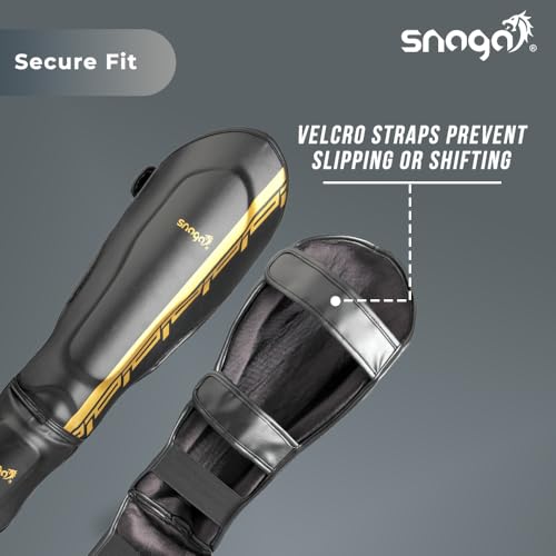 Snaga MMA Shin Guard, Leather Shin Guard Pads with High-Density Foam Padding for MMA, Karate, Taekwondo, Kick Boxing & Other Martial Arts (Black-Golden) - Image 4