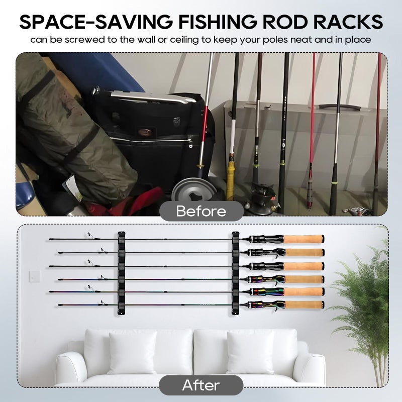 Axlksia Fishing Rod Holder Wall Mount, 1 Pair Fishing Pole Holders for Garage, Boats, 6 Fishing Rod Storage Racks (Horizontal Grey) - Image 2