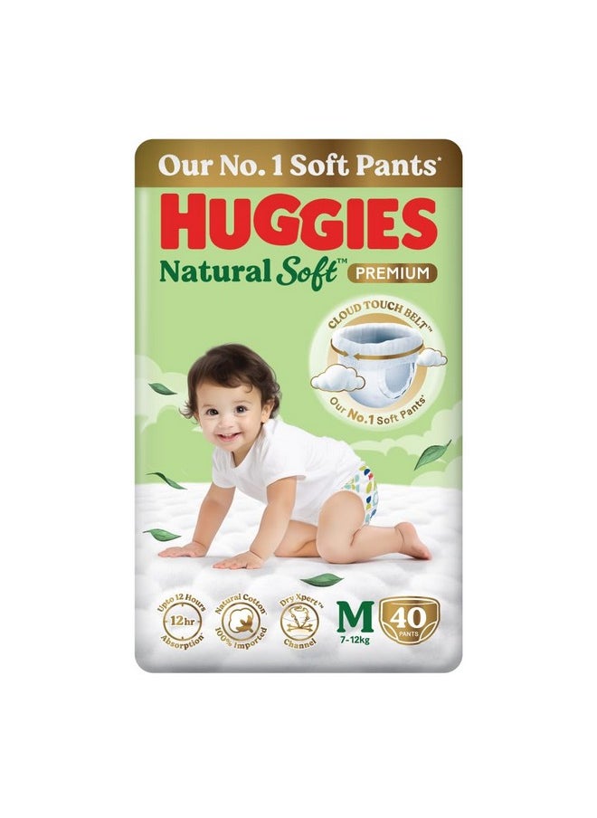Huggies - Huggies Natural Soft Premium Baby Diaper Pants, Our No.1 Soft Pants, Medium (M) Size (7-12 Kgs), Pack of 40 diapers | Cloud Softness All over with India's 1st Cloud Touch Belt - Image 1
