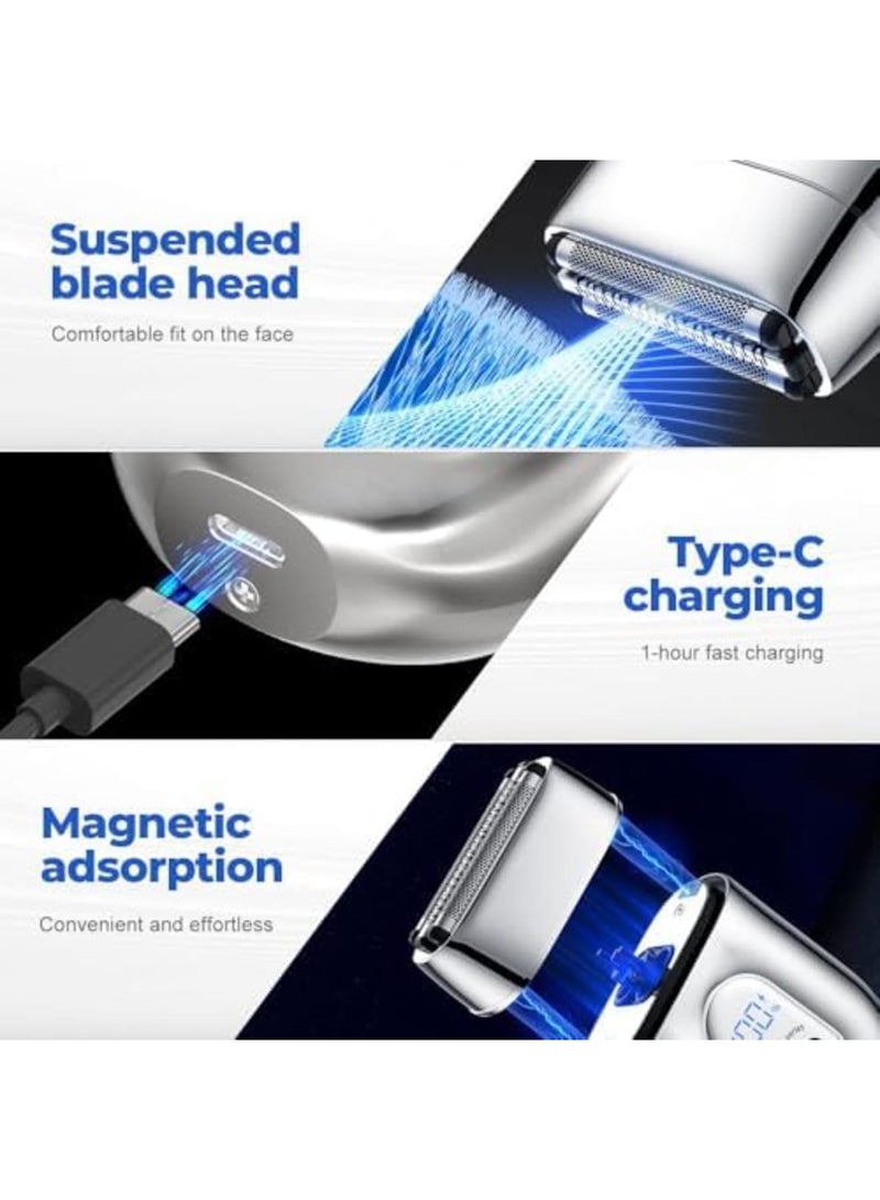 SYOSI Electric Razor for Men, Mini USB Foil Shaver with LED Display, 3 Floating Blades, 2025 Upgrade, IPX7 Waterproof Wet/Dry Shaver, Compact Pocket Design, Easy to Clean and Recharge (Silver) - Image 4