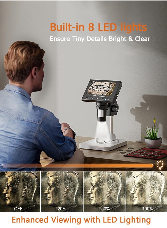 Garlo - Microscope, LCD Digital Coin Microscope 1000x, Coin Magnifier with 8 Adjustable LED Lights, PC View Compatible with Windows/MacBook, EDM4, 4.3 Inch - Image 1