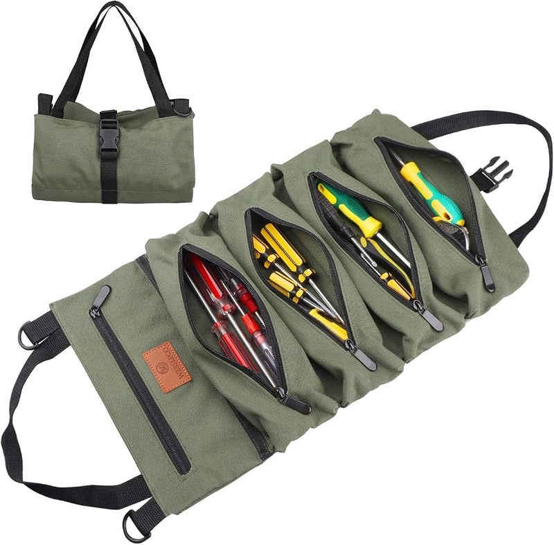 BIGTHREE® Tool Bag Roll Up, Multi-Purpose Roll Up Tool Bag, With 5 Tool Pouches, Wrench Roll Tool Roll Organizers For Mechanic, Car First Aid Kit Wrap Roll Storage Case, Camping Gear - Image 1