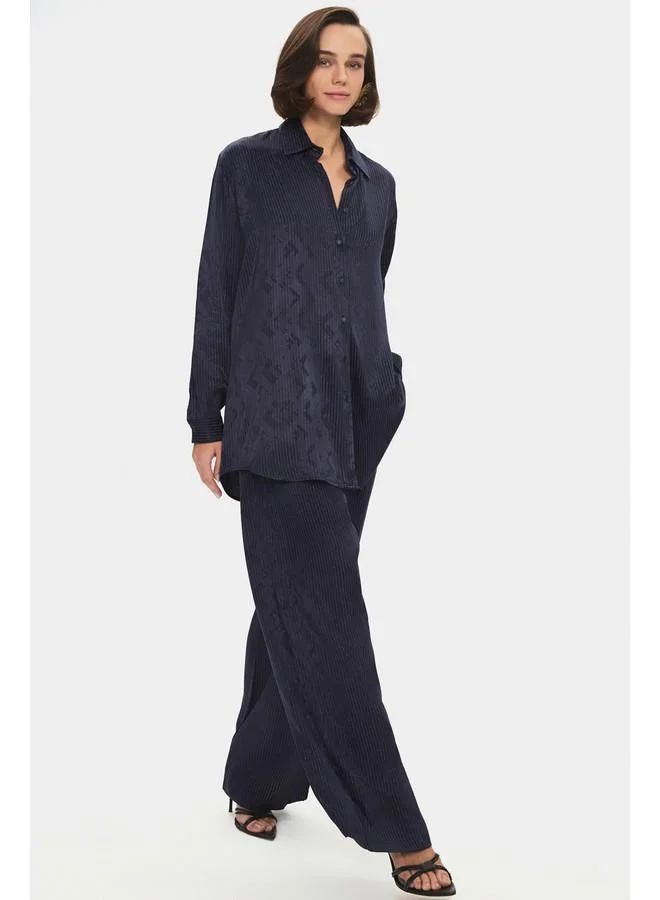 JUNE June Women Viscose Blend Self-Patterned Shirt Trouser Set Navy Blue
