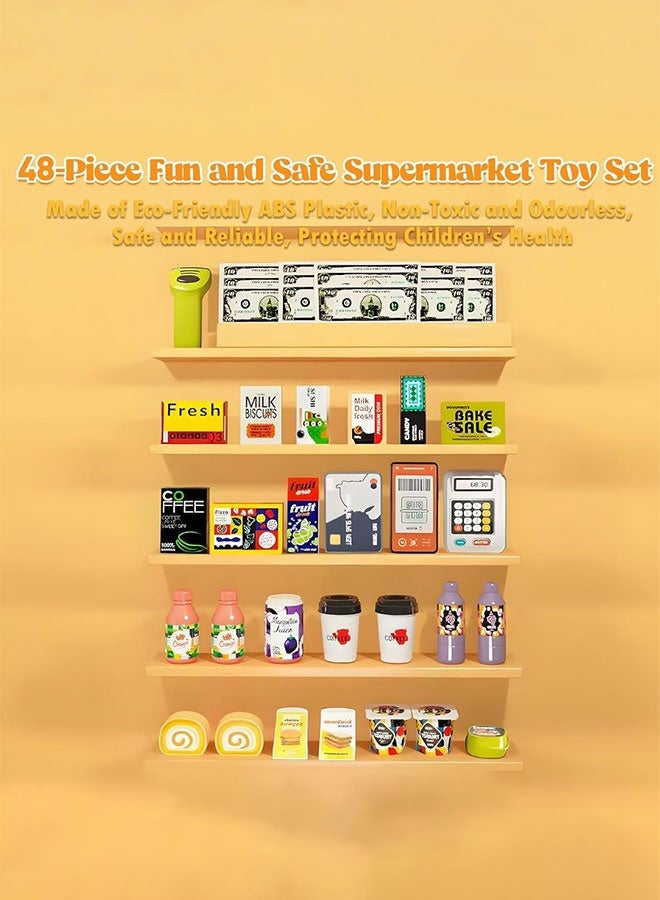 Cash Register for Kids, 48 Pcs Pretend Play Supermarket Playset with Calculator, Scanner, Pretend Money, Credit Card & Food Accessories, Educational Play Store Toy for Boys & Girls Age 3+ - Image 5