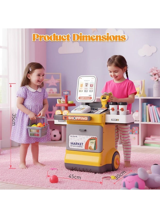 Cash Register for Kids, 48 Pcs Pretend Play Supermarket Playset with Calculator, Scanner, Pretend Money, Credit Card & Food Accessories, Educational Play Store Toy for Boys & Girls Age 3+ - Image 2