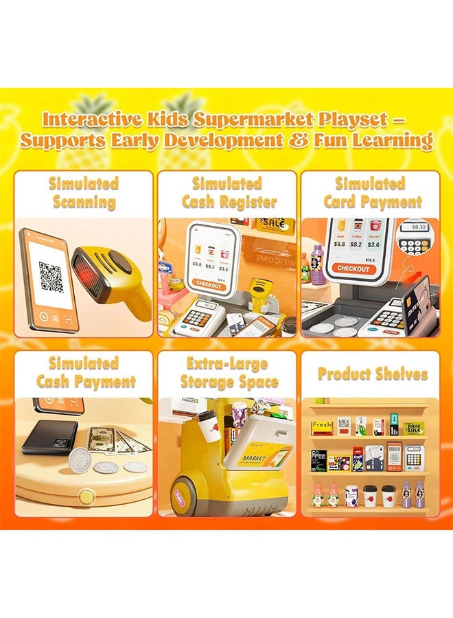 Cash Register for Kids, 48 Pcs Pretend Play Supermarket Playset with Calculator, Scanner, Pretend Money, Credit Card & Food Accessories, Educational Play Store Toy for Boys & Girls Age 3+ - Image 4