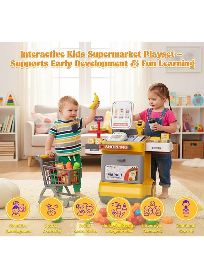 Cash Register for Kids, 48 Pcs Pretend Play Supermarket Playset with Calculator, Scanner, Pretend Money, Credit Card & Food Accessories, Educational Play Store Toy for Boys & Girls Age 3+ - Image 3