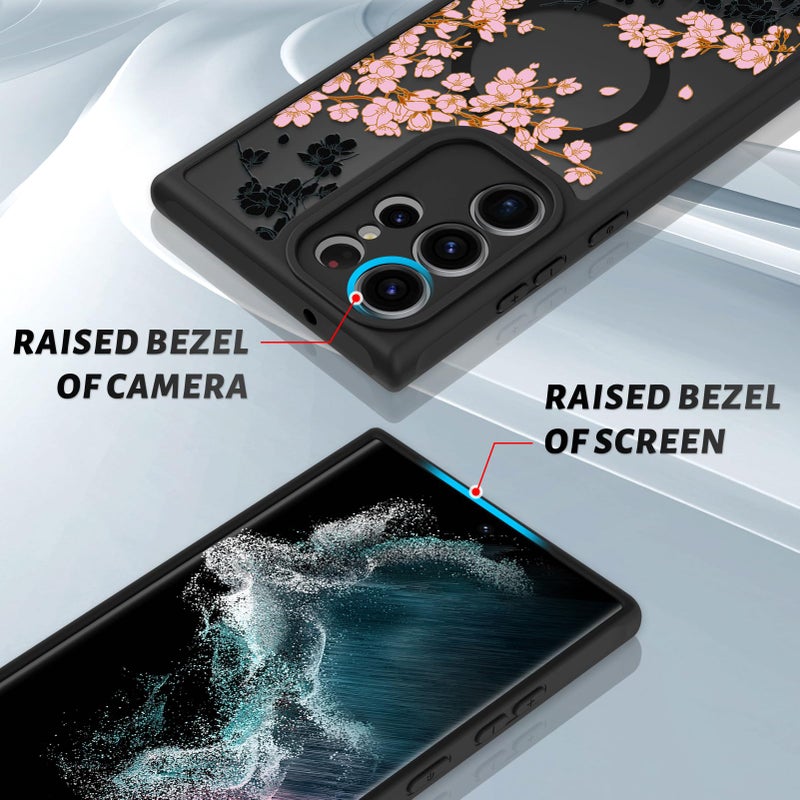 OOK Case Fit for Samsung Galaxy S22 Ultra 6.8 Inch (Wireless Charging Compatible) Pink Floral Flowers Design Translucent Phone Cover Soft TPU + Hard PC Anti-Scratch Shockproof Magnetic Case for Women - Image 3