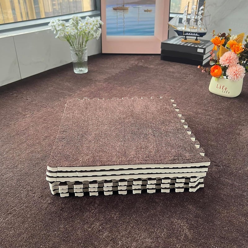 16 Pieces Plush Interlocking Square Carpet Floor Tiles,12x12 Inch Puzzle Piece Floor Mat,Puzzle Mat for Playroom,Living Room(Size:0.39 Inch,Color:Coffee) - Image 1