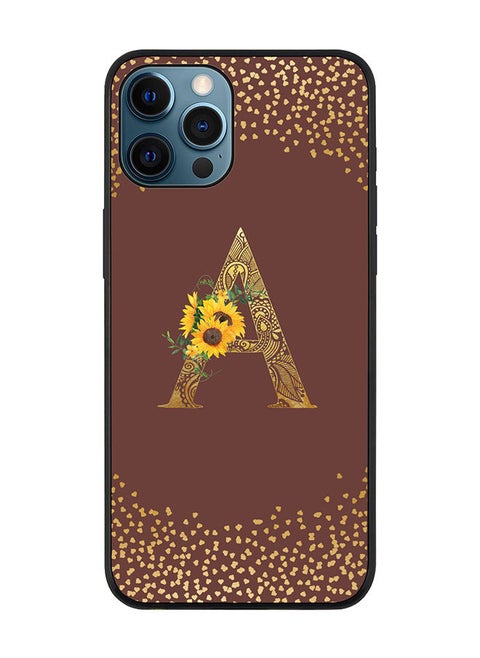 Rugged Black edge case for Apple iPhone 12 Pro Slim fit Soft Case Flexible Rubber Edges Anti Drop TPU Gel Thin Cover - Custom Monogram Initial Letter Floral Pattern Alphabet - A (Brown )