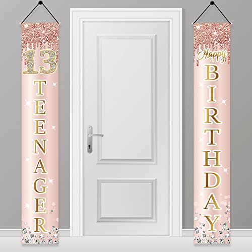 Excelloon 13th Birthday Decorations Door Banner for Girls Pink Rose Gold 13 Teenager Happy Birthday Sign Party Supplies Sweet Thirteen Year Old Birthday Backdrop Porch Dcor - Image 1