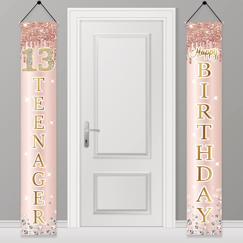 Excelloon 13th Birthday Decorations Door Banner for Girls Pink Rose Gold 13 Teenager Happy Birthday Sign Party Supplies Sweet Thirteen Year Old Birthday Backdrop Porch Dcor - Image 2