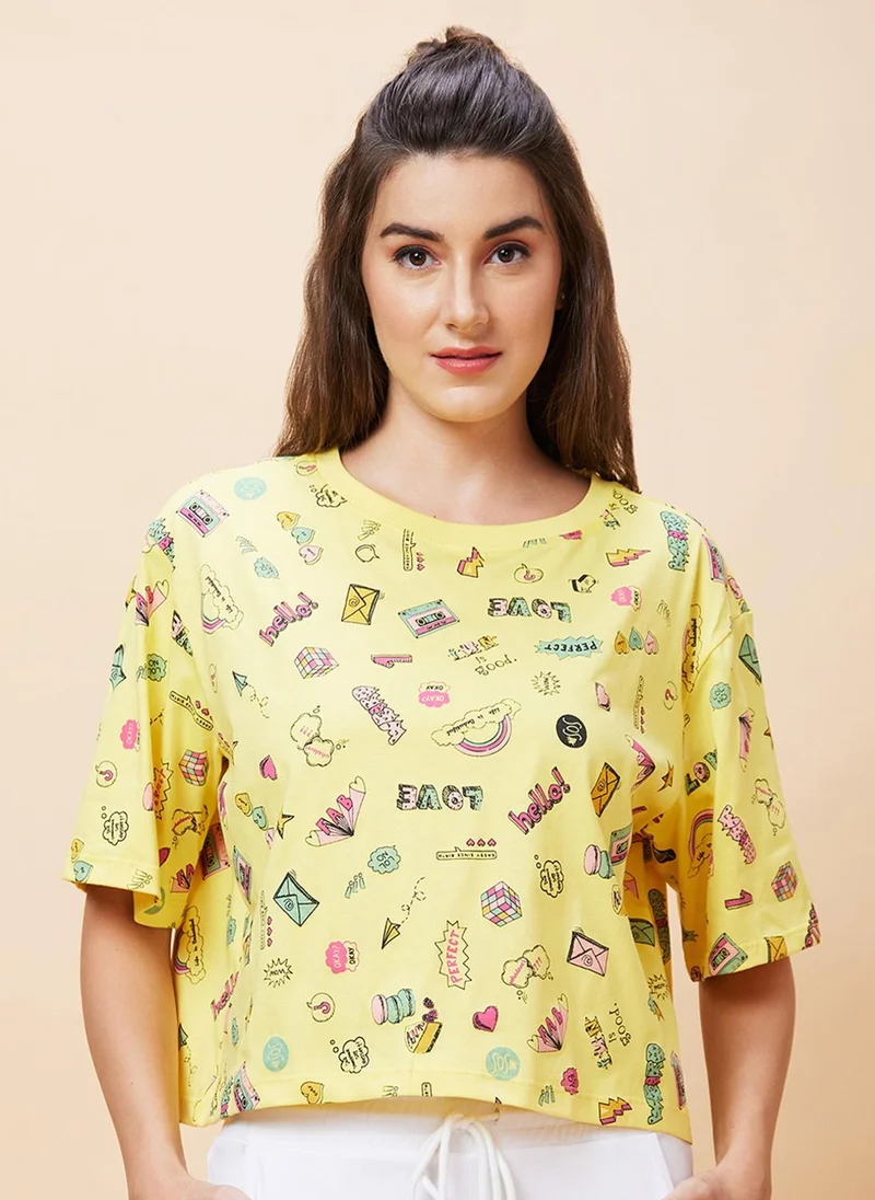 globus Globus Women Conversational Printed Pure Cotton Crop Oversized T-Shirt