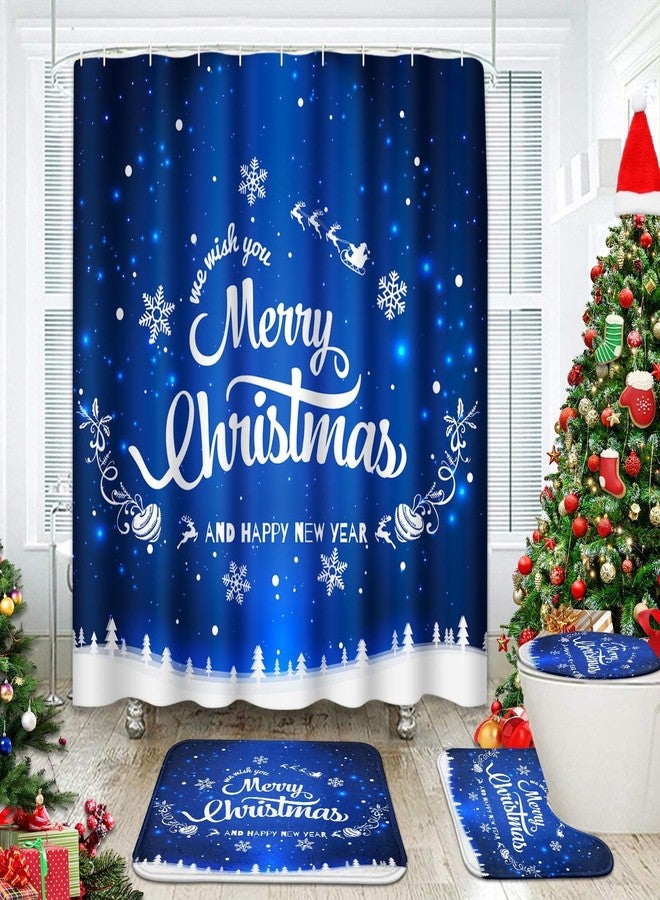 ArtSocket Merry Christmas Bathroom Set with Shower Curtain and Rugs Accessories, Happy New Year Snowflakes Blue Shower Curtain, Winter Bathroom Decor 4 Pcs - Image 1