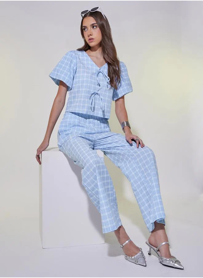 Styli Checked Tie-Up Detail Crop Top and Pants Co-Ords