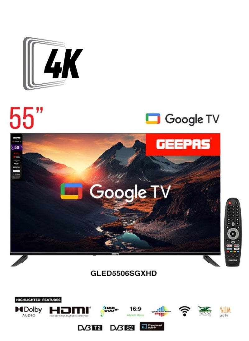 GEEPAS Geepas 55 Inch 4K UHD Google Smart LED TV, GLED5506SGXHD  , Black  - Image 1