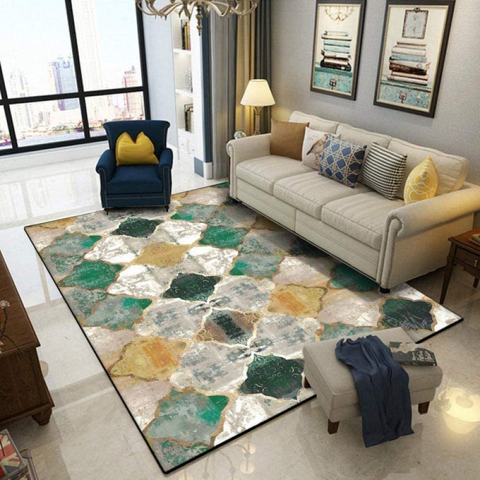 RUGS LIVING ROOM 80 X 160CM FLOOR RUG MOROCCAN GEOMETRIC AREA RUGS RETRO EMERALD GREEN YELLOW SOFT TOUCH ANTISLIP BACKING WASHABLE IDEAL FOR BEDROOM PLAYROOM KIDS ROOM HOME DECORATIVE