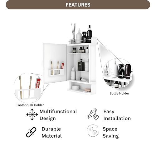 GLOXY Bath Mirror Cabinet | Unbreakable Wall Mounted Premium Multipurpose Bathroom Cabinet with Door | Decorative Wall Shelf | Set of 1 (White, Acrylic) - Image 4