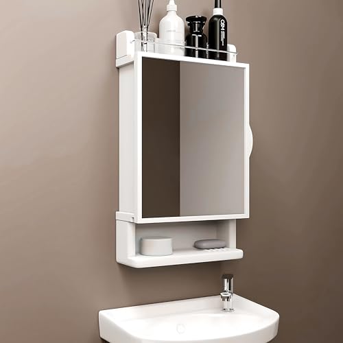 GLOXY Bath Mirror Cabinet | Unbreakable Wall Mounted Premium Multipurpose Bathroom Cabinet with Door | Decorative Wall Shelf | Set of 1 (White, Acrylic) - Image 1