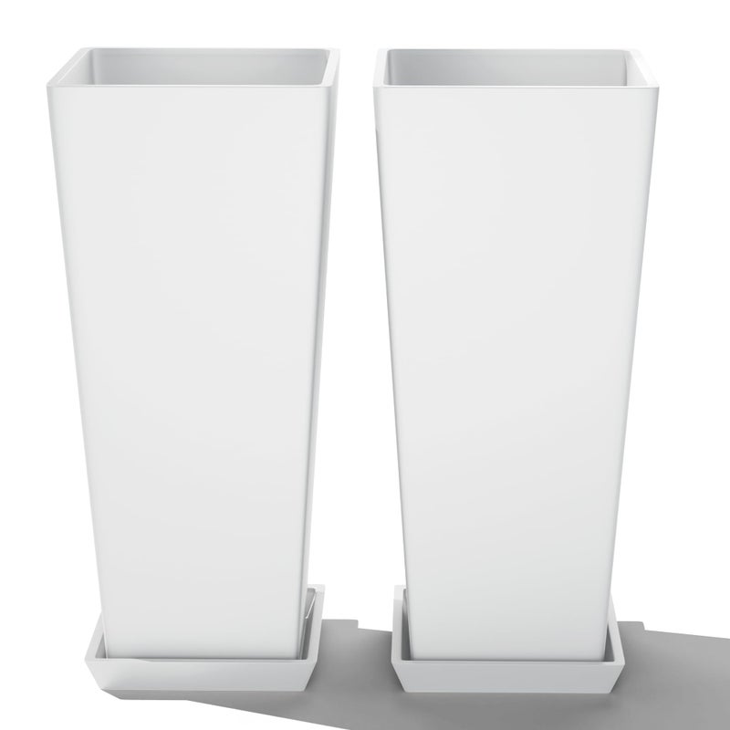FENCY Set of 2 Tall Planters for Outdoor Plants, 24 Inch Large Tapered Pots with Drainage Trays, Weather-Resistant Plastic Plant Containers for Patio, Porch, Garden, Front Door Decor,White - Image 1