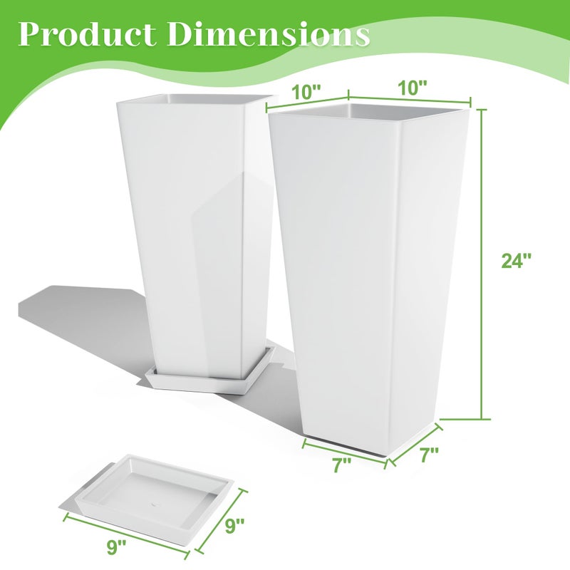 FENCY Set of 2 Tall Planters for Outdoor Plants, 24 Inch Large Tapered Pots with Drainage Trays, Weather-Resistant Plastic Plant Containers for Patio, Porch, Garden, Front Door Decor,White - Image 3