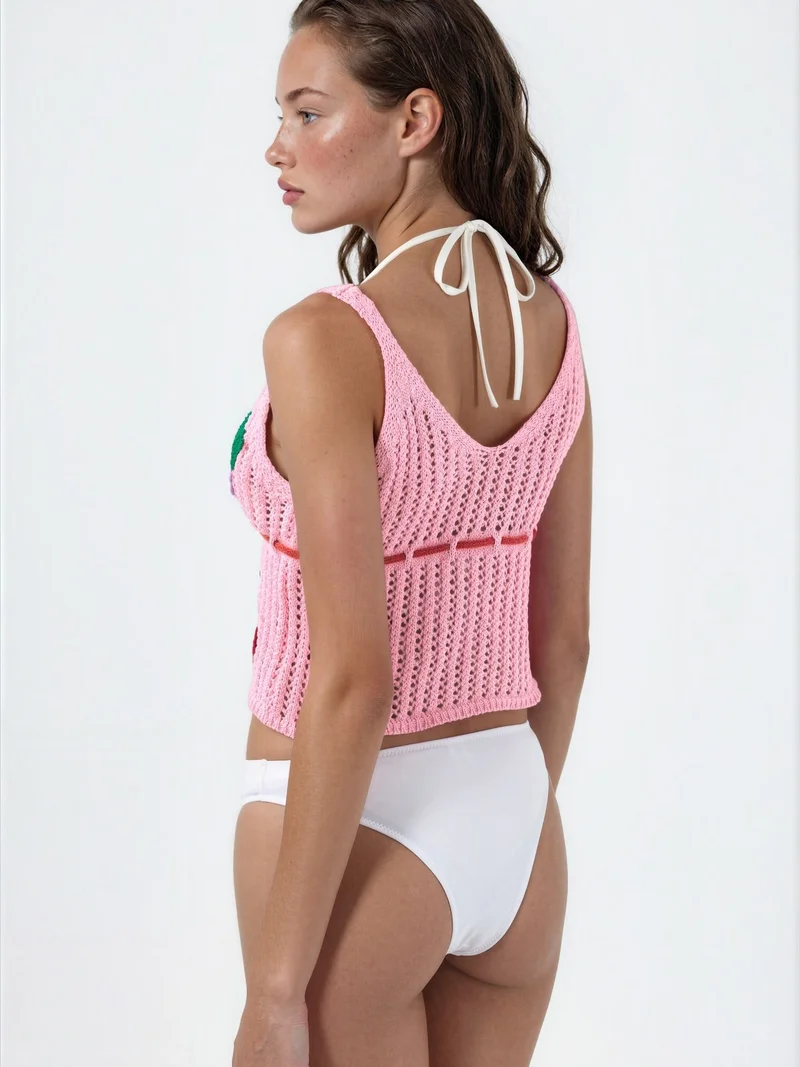 Hiccup Carnation Pink Floral V-Neck Crop Knit Top with Tie Detail for Women | Best Price UAE