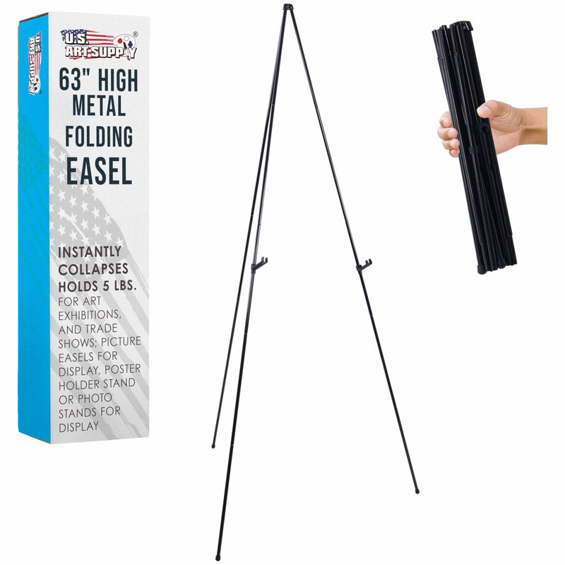 US Art Supply U.S. Art Supply 63" High Metal Folding Display Easel - Adjustable Height, Instantly Collapses, Holds 5 lbs - Portable Art Easel Stand - for Sign, Poster, Canvas, Painting, Picture Display - Image 1