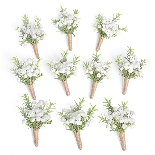 YSUCAU Baby Breath Boutonnieres for Men Wedding,Set of 10, Natural White Groom and Groomsmen Boutonniere with Pin for Rustic Fall Vintage Wedding, Prom and Homecoming - Image 1