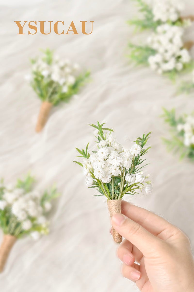 YSUCAU Baby Breath Boutonnieres for Men Wedding,Set of 10, Natural White Groom and Groomsmen Boutonniere with Pin for Rustic Fall Vintage Wedding, Prom and Homecoming - Image 3