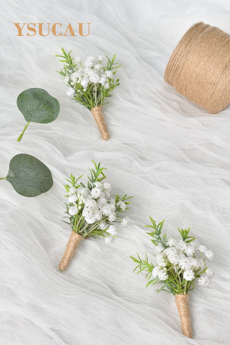 YSUCAU Baby Breath Boutonnieres for Men Wedding,Set of 10, Natural White Groom and Groomsmen Boutonniere with Pin for Rustic Fall Vintage Wedding, Prom and Homecoming - Image 2