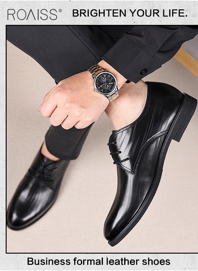 roaiss - Business Formal Leather Shoes Men'S Professional Formal Occasion British Shoes Waterproof Leather Pointed Toe Drawstring Buckle Shallow Shoes - Image 1