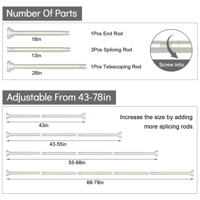 Thestoa Brushed Nickel Shower Curtain Rod Adjustable 43-78 inch, 1"Diameter Spring Tension Curtain Rod No Drill, Anti-Rust Non-Slip Shower Rod for Bathroom Tension Rod - Image 5