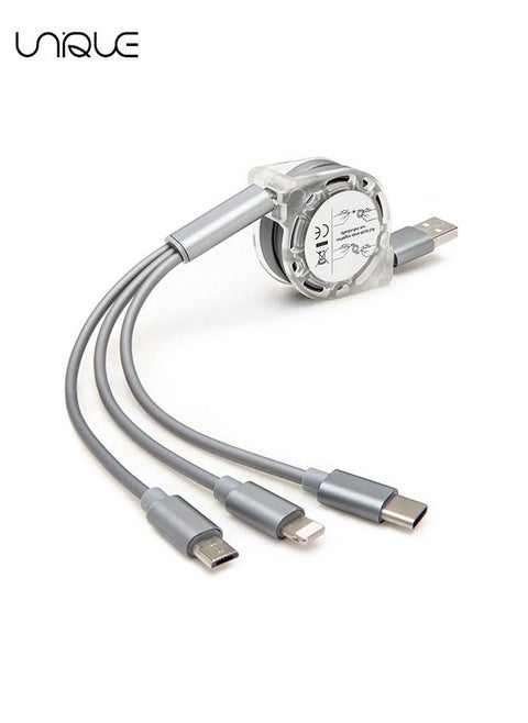 1Pcs USB Charger Cable Retractable 3 in 1 Multiple Charging Cord Adapter with Mini Type C Micro USB Port Connectors Compatible with Cell Phones Tablets Universal Use (1m/Gray)