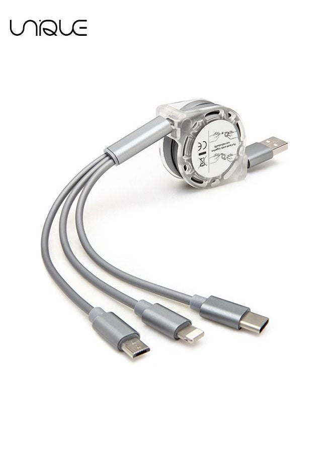 1Pcs USB Charger Cable Retractable 3 in 1 Multiple Charging Cord Adapter with Mini Type C Micro USB Port Connectors Compatible with Cell Phones Tablets Universal Use (1m/Gray)