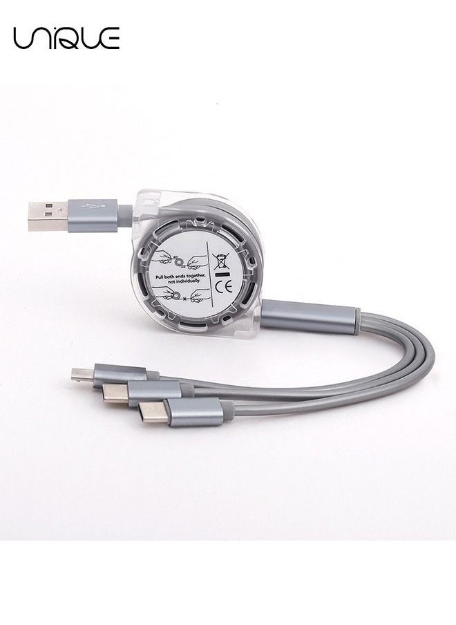 1Pcs USB Charger Cable Retractable 3 in 1 Multiple Charging Cord Adapter with Mini Type C Micro USB Port Connectors Compatible with Cell Phones Tablets Universal Use (1m/Gray)