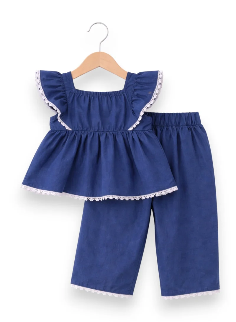 Victor And Jane  Baby Girls 4 pc Set - Denim Look Top & Culotte Pants Set with Lace Details for Women | Best Price UAE