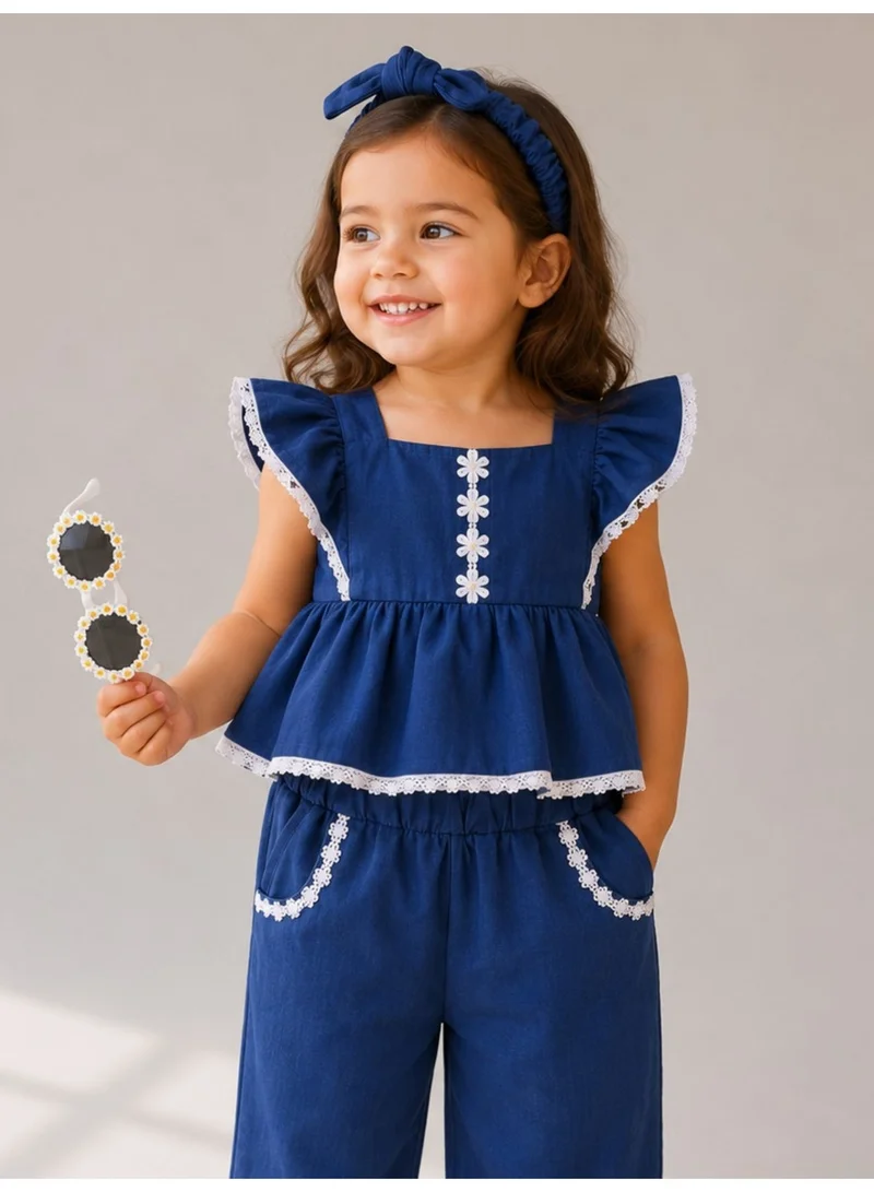 Victor And Jane  Baby Girls 4 pc Set - Denim Look Top & Culotte Pants Set with Lace Details for Women | Best Price UAE