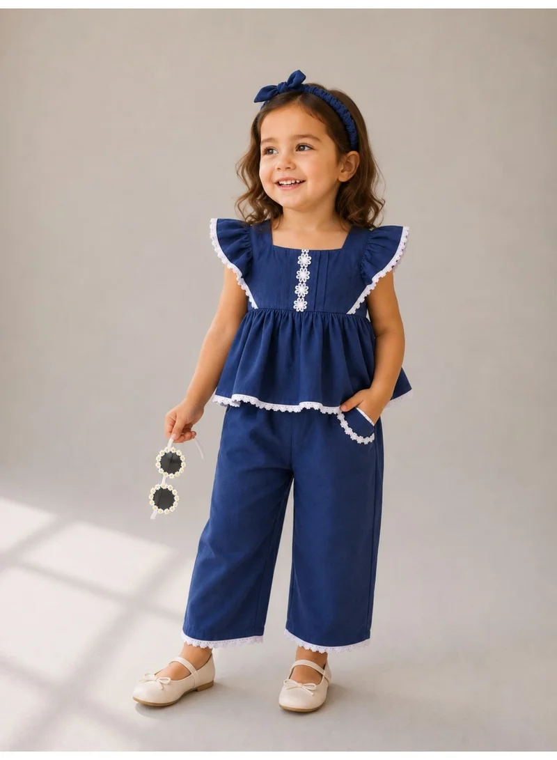 فكتور اند جين Baby Girls 4 pc Set - Denim Look Top & Culotte Pants Set with Lace Details