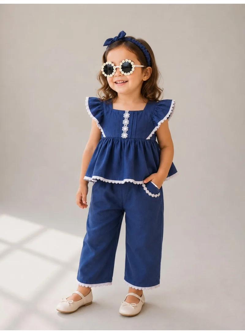 Victor And Jane  Baby Girls 4 pc Set - Denim Look Top & Culotte Pants Set with Lace Details for Women | Best Price UAE
