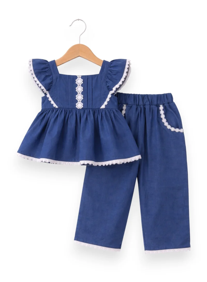 فكتور اند جين Baby Girls 4 pc Set - Denim Look Top & Culotte Pants Set with Lace Details