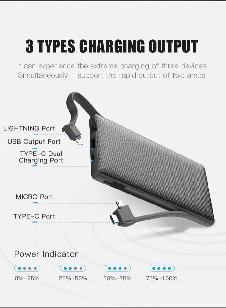 WST Powerbanks Charger Station 8in1 Portable Battery Pack Built In Cable Compatible with Lightning USB-C Micro USB Fast Charging Compact Slim 10000mah Compatible with iPhone Samsung iPad (White) - Image 5