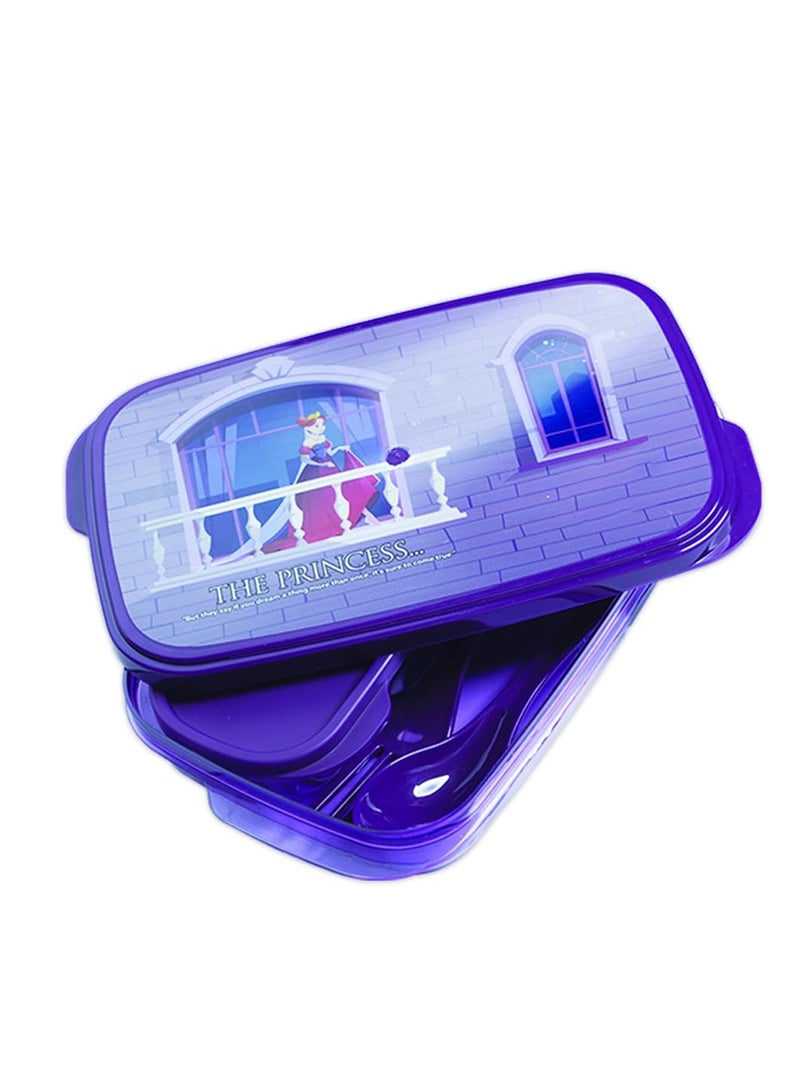 ATTRO صندوق غداء ديفاين يأتي مع صندوق صغير وملعقتين صندوق غداء كرتوني رائع للأطفال آمن على الطعام ومقاوم للتسرب، تصميم مضغوط، سهل التركيب في أي حقيبة، حقائب مدرسية، 590 مل، أرجواني - Image 1