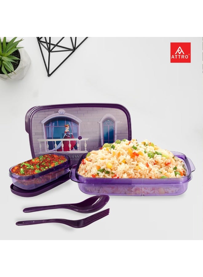 ATTRO صندوق غداء ديفاين يأتي مع صندوق صغير وملعقتين صندوق غداء كرتوني رائع للأطفال آمن على الطعام ومقاوم للتسرب، تصميم مضغوط، سهل التركيب في أي حقيبة، حقائب مدرسية، 590 مل، أرجواني - Image 3